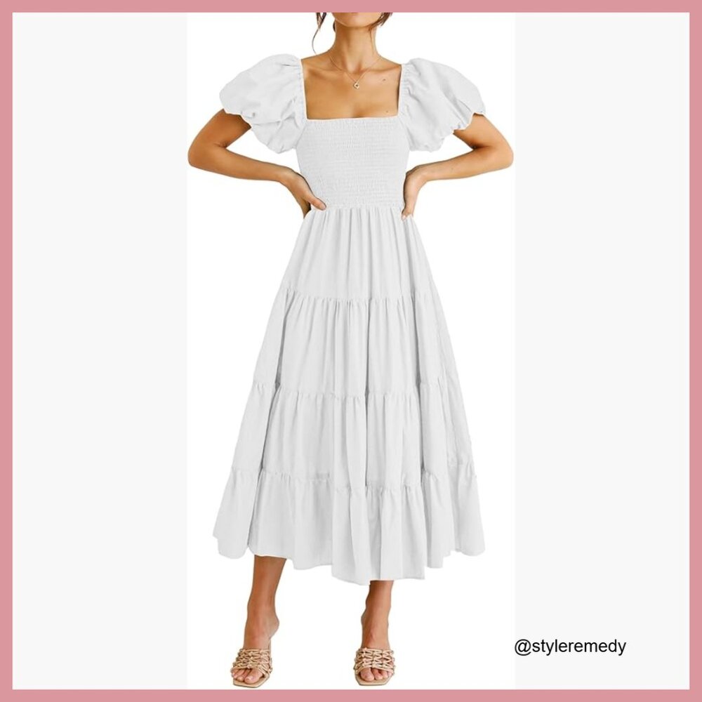 Women's Casual Summer Midi Dress Puffy Short Sleeve Square Neck Smocked Tiered